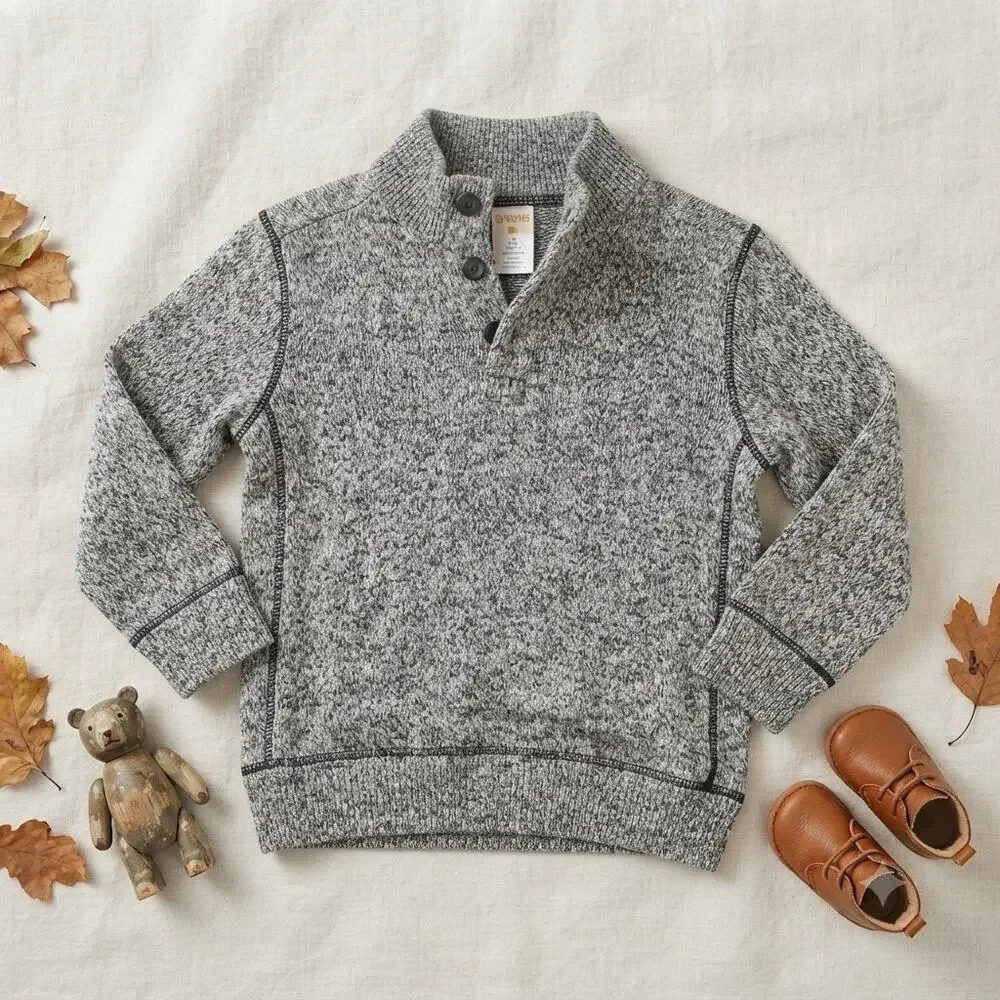 Gymboree Boys Gray Heathered Mock Neck Henley Sweater Size S (5-6)